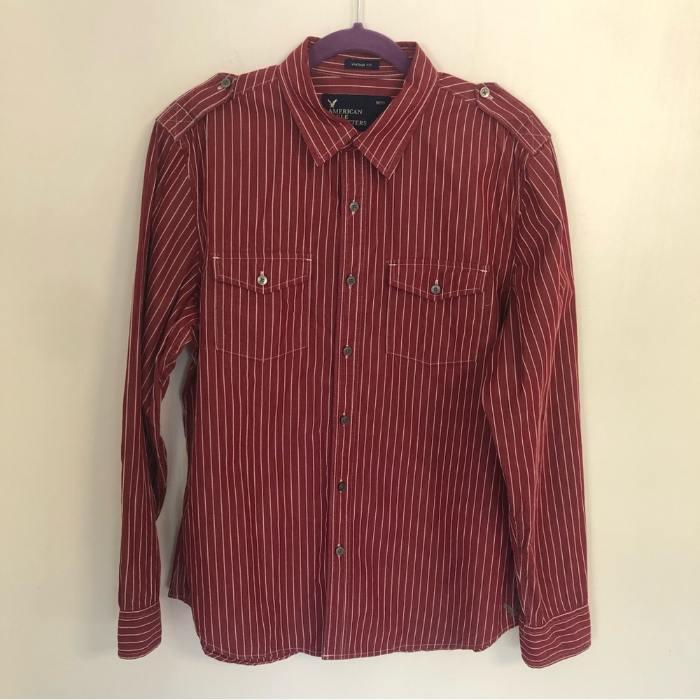 AMERICAN EAGLE Vintage Fit Men Red Striped Long Sleeve Button Up Shirt S